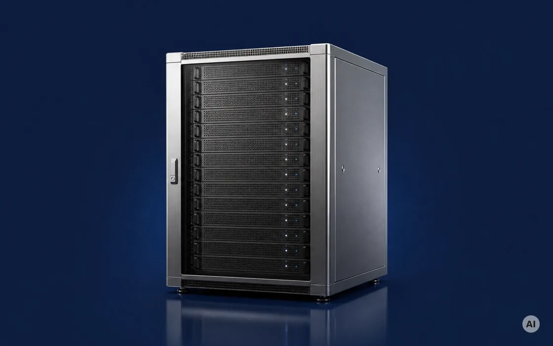 Serverschrank mit mehreren GPU-Servern hinter einer Glastür (KI-generiert)