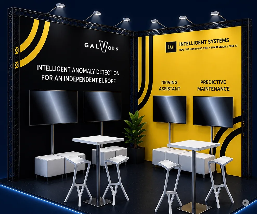 Visualisation of the Galvorn stand at InnoTrans: a black wall bearing the Galvorn logo, next to it a yellow wall for JAAI Intelligent Systems, in front of them screens, bar tables and stools (AI-generated)