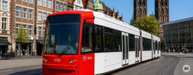 Eine Straßenbahn der BSAG in der Bremer Innenstadt, im Hintergrund die Türme des Doms (KI-generiert)