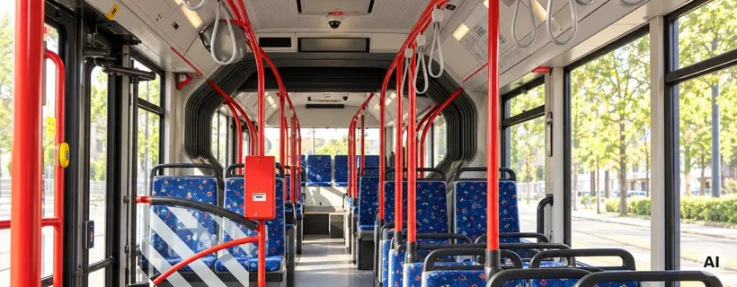 Eine rot-weiße Straßenbahn auf dem Bremer Marktplatz, dahinter das Rathaus mit grünem Dach (KI-generiert)