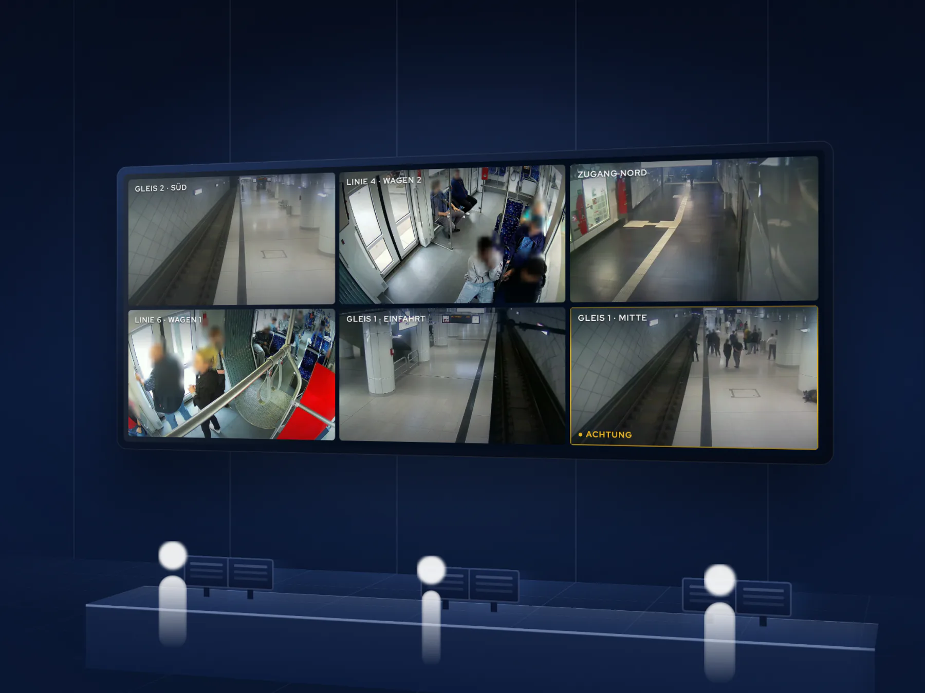 Standbild aus dem Galvorn-Demovideo: eine große Videowand in einer Leitstelle mit sechs Kamerabildern von Bahnsteigen und aus Fahrzeugen, eines davon als Achtung markiert, davor drei Personen an einem Pult
